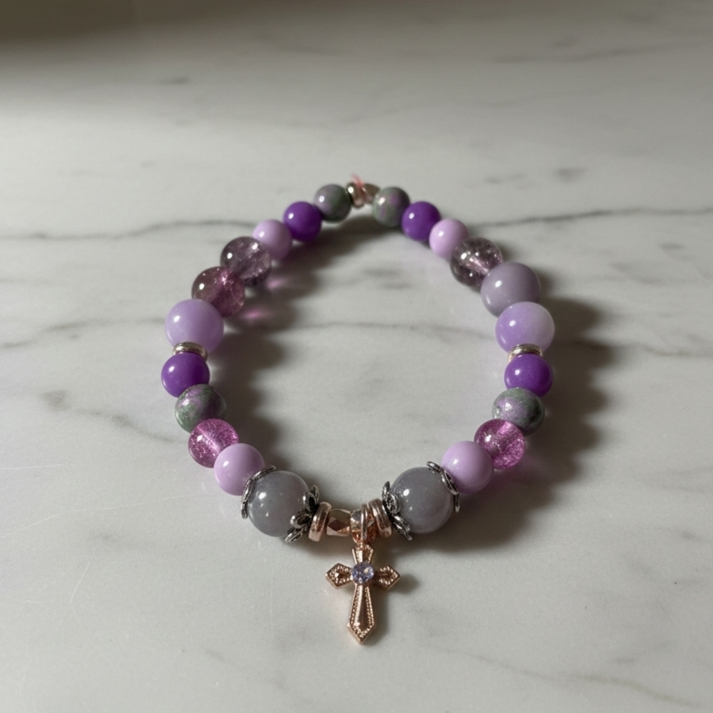 Purple and Gray Beaded Bracelet with Cross Charm